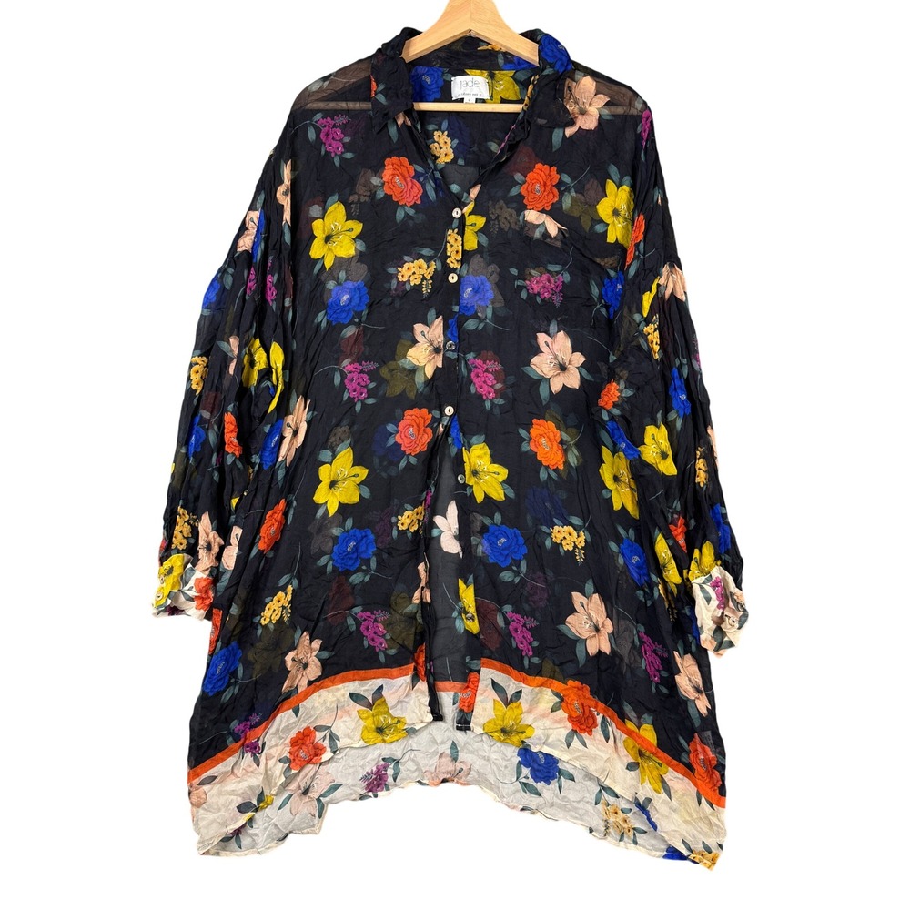 Jade by Johnny Was Gossamer Silk Floral Long Blouse Asymmetrical Black Large